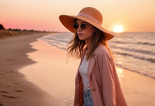 AI generated of a woman in a hat and sunglasses on the beach at sunset