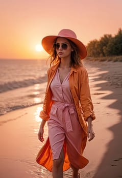 AI generated of a woman in a pink dress and hat walking on the beach