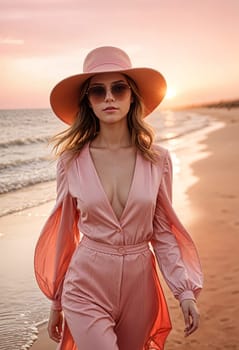 AI generated of a woman in a pink dress and hat walking on the beach