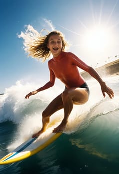 AI generated of a woman riding a wave on a surfboard with sun shining on the sky