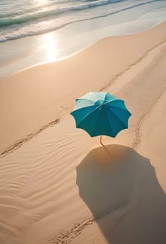 AI generated of a blue umbrella on a beach with sun setting on it