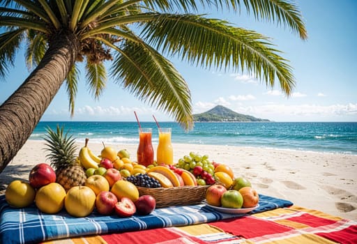 AI generated of a picnic table with fruit and a blanket on the beach