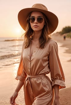 AI generated of a woman in a tan jumpsuit and hat walking on the beach