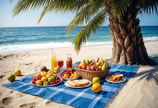 AI generated of a picnic setting with fruit and drinks on the beach