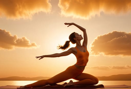 AI generated of a woman in orange is practicing yoga on the beach