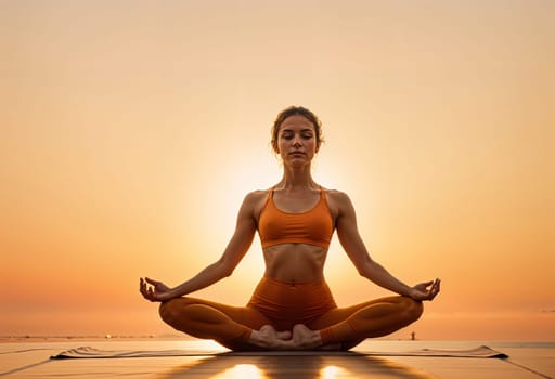 AI generated of a woman in an orange top is doing yoga in the sun