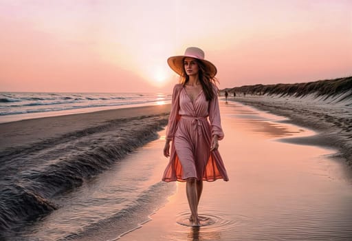 AI generated of a woman in a pink dress and hat walking on the beach