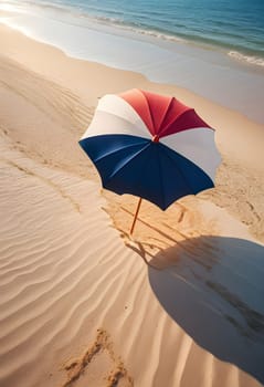 AI generated of an umbrella on the sand with the ocean in the background