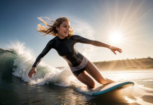 AI generated of a woman riding a wave on a surfboard