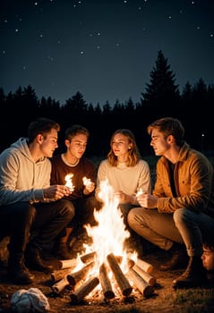 AI generated of four friends sitting around a campfire at night with the stars in the background