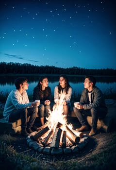 AI generated of four friends sitting around a campfire at night