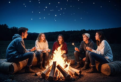 AI generated of a group of friends sitting around a campfire at night