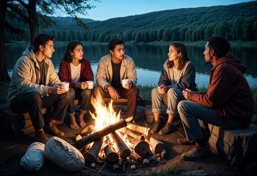 AI generated of a group of friends sitting around a campfire and enjoy a warm drink