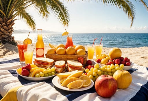 AI generated of a table with fruit and drinks on a beach