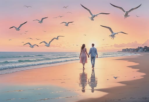 AI generated of a photo of a couple walking on the beach with seagulls flying overhead