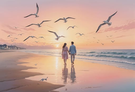 AI generated of a photo of two people walking on the beach at sunset surrounded by seaguls in the sky