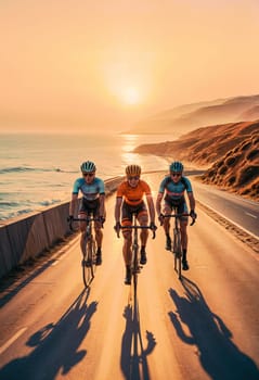 AI generated of three cyclists riding on a road at sunset