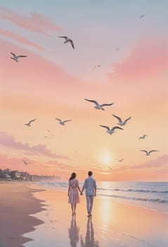 AI generated of a photo of a couple walking on the beach at sunset