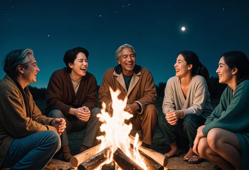 AI generated of five people sitting around a campfire at night