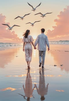AI generated of a couple walking on the beach with birds flying overhead