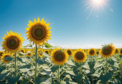 AI generated of a field of sunflowers with the sun shining brightly