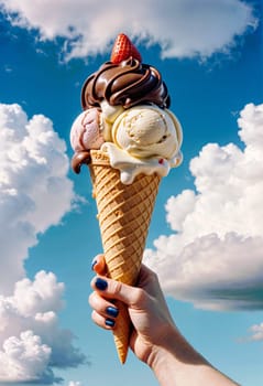 AI generated of a hand holding an ice cream cone with chocolate and strawberry filling with a blue nail polish