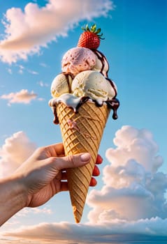AI generated of a hand holding an ice cream cone with strawberries and chocolate