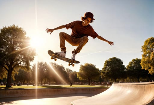 AI generated of a young man skateboarder in a hat is jumping with his skateboard