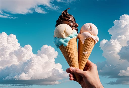 AI generated of hand holding two ice cream cones in front of a blue sky