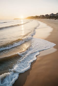 AI generated of a beach with waves and a house in the distance
