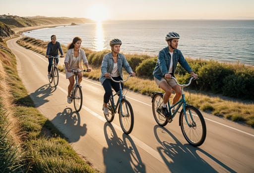 AI generated of a group of people riding bicycles down a road with the ocean in the background