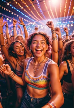 AI generated of a young woman smiling and dancing in front of a group of people at a music festival