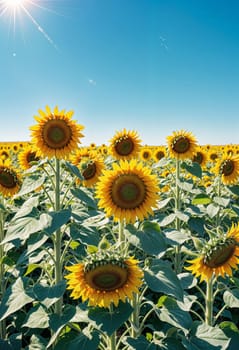 AI generated of a field of sunflowers with the sun shining in the background
