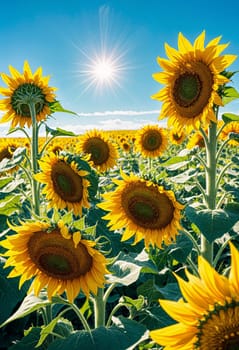 AI generated of a large field of sunflowers with sun shining on the sky
