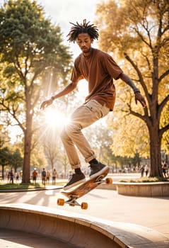 AI generated of a young man is riding a skateboard in the park and is wearing a brown shirt