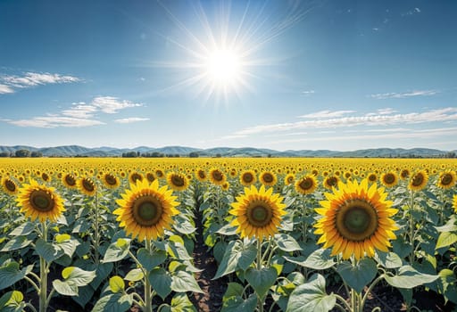 AI generated of a large field of sunflowers with the sun shining through the clouds