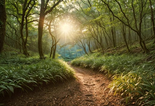 AI generated of a path through the woods with sunlight shining through the trees
