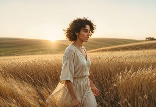 AI generated of a woman in a white dress walking through a wheat field
