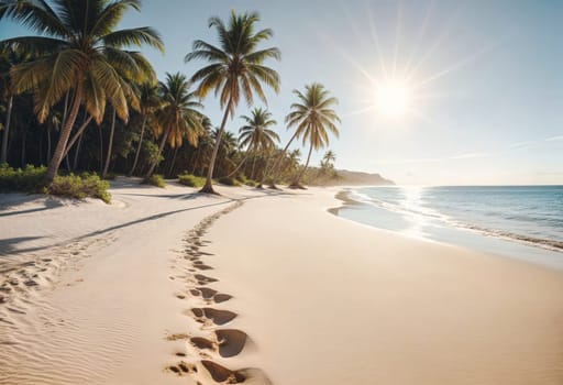 AI generated of footprints on the beach with palm trees at sunset