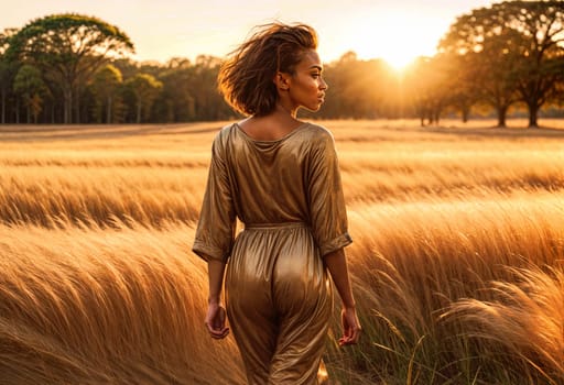 AI generated of a woman in a gold dress walking through a field