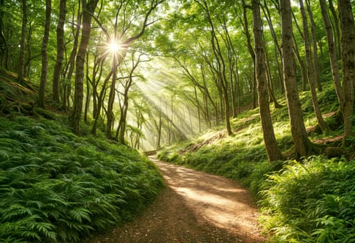 AI generated ofa dirt path through a green forest with sunbeams shining down
