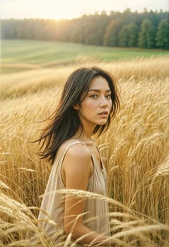 AI generated of a woman stands in a wheat field with the sun shining on her face