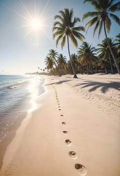 AI generated of palm trees line the beach with footprints in the sand and sun shinning on the sky