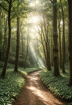AI generated of a path through a forest with sunlight shining through the trees