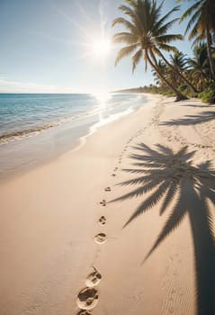AI generated of a palm tree is on the beach and the sun is shining on the sand with footprints