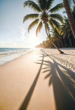 AI generated of palm trees on the beach at sunset with footprints on the sand