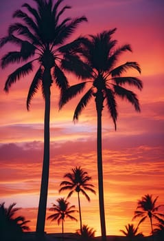 AI generated of silhouette of palm trees in the sunset at the beach
