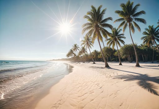 AI generated of a sandy beach with palm trees and the sun shining