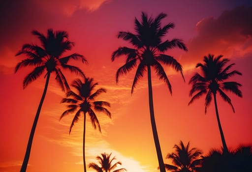 AI generated of silhouette of palm trees in the red sunset sky
