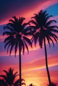 AI generated of a sunset with silhouette of palm trees and a pink and purple sky